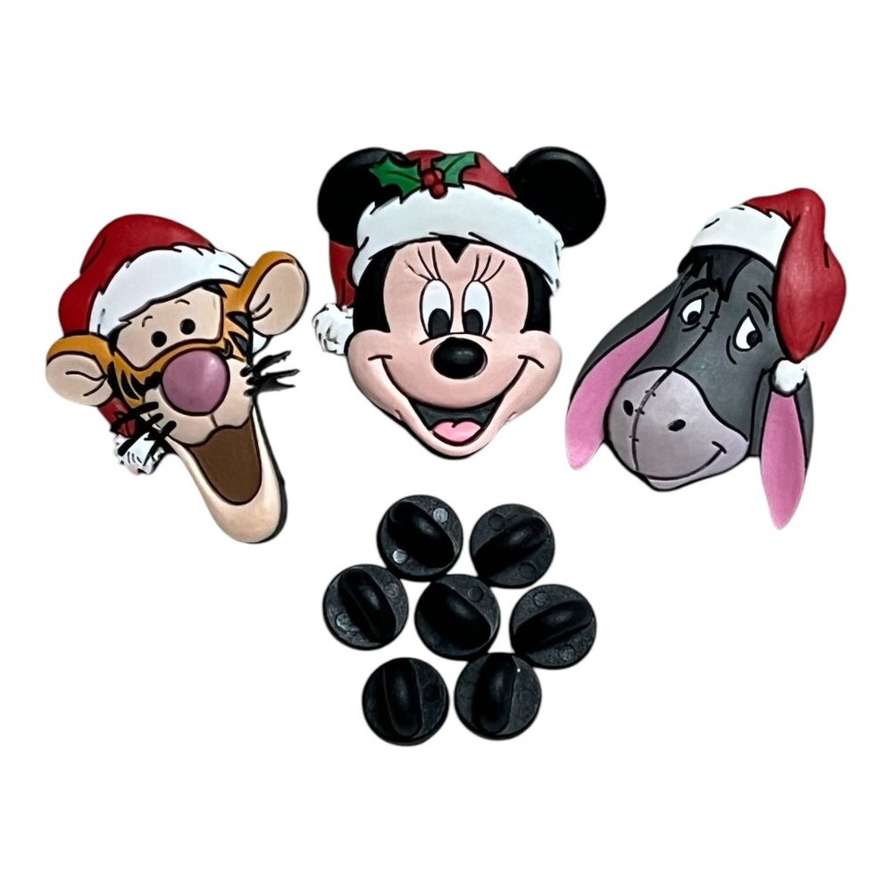 Rare Disney Christmas Pin Set – Minnie Mouse, Tigger & Eeyore in Santa Hats – Ho
